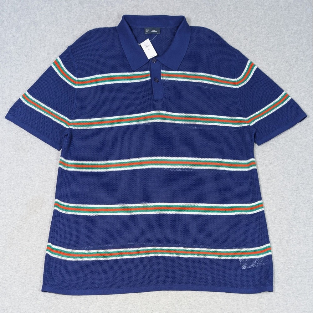 GAP Textured Crochet Polo Sweater Mens Large Tall Short Sleeve Blue Stripe New